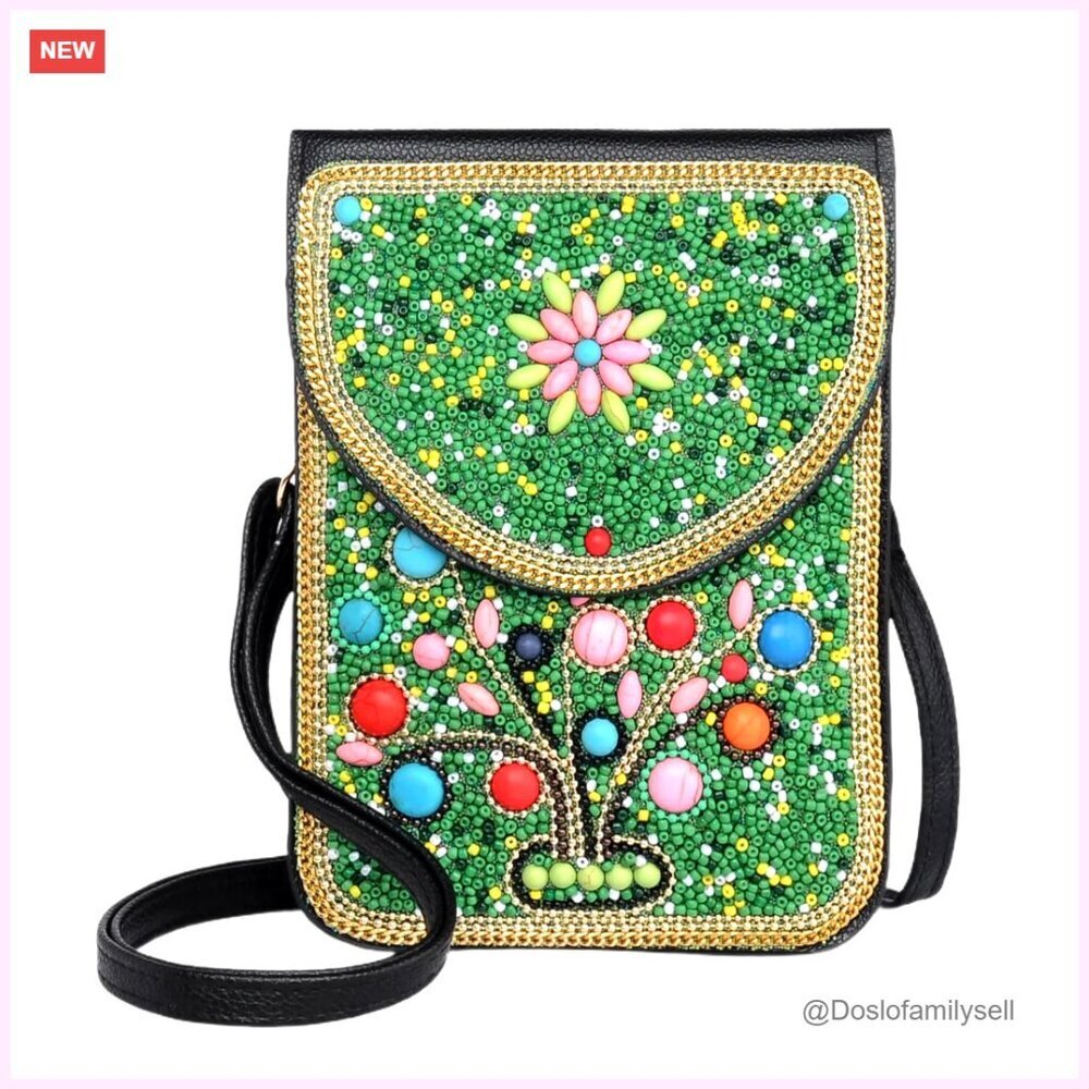 Handmade Crossbody Phone Bag with Leather Chain and Turquoise Beads